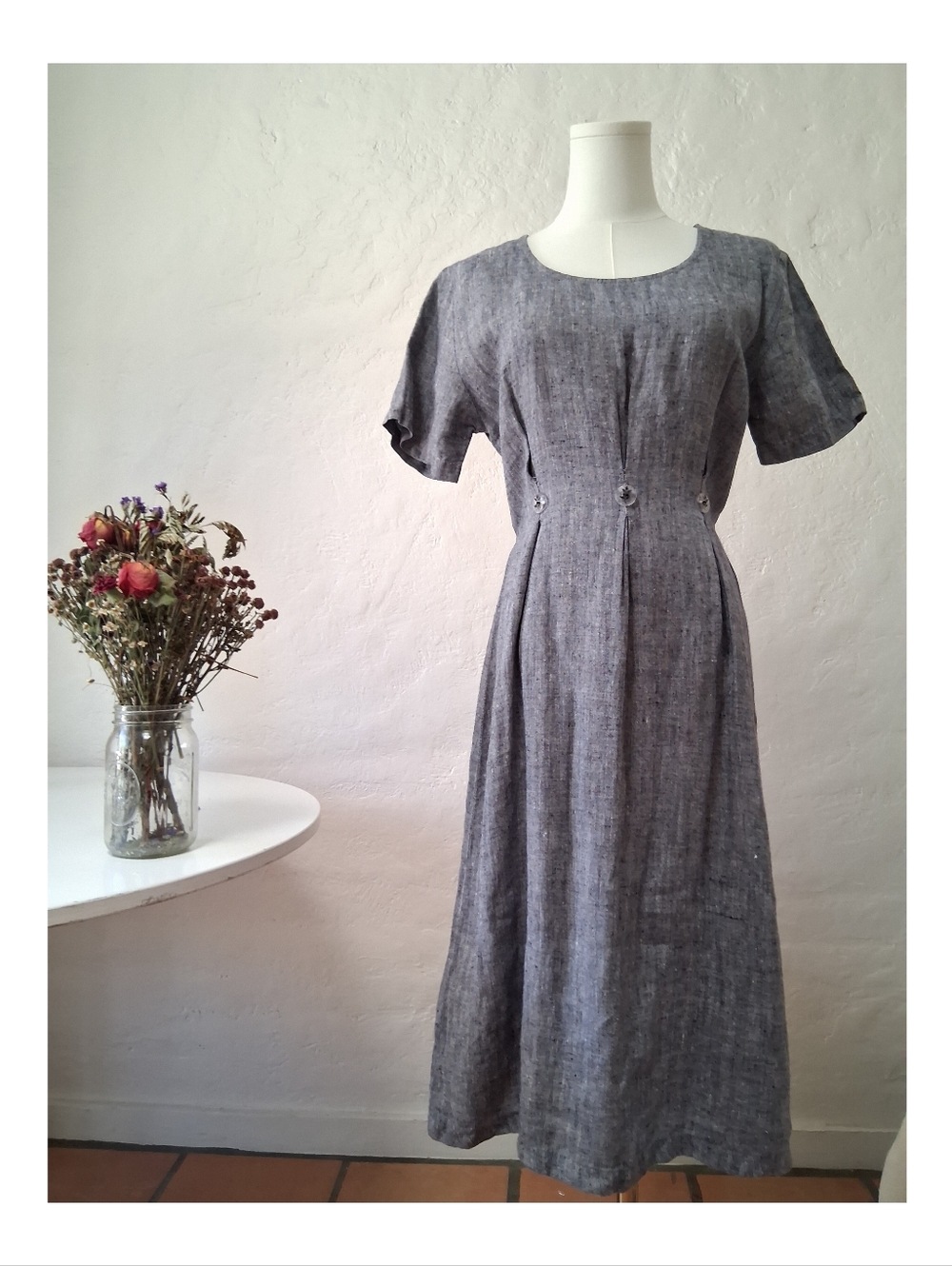 90s Gray Cottage Core Short-Sleeve Linen-Blend Midi Dress